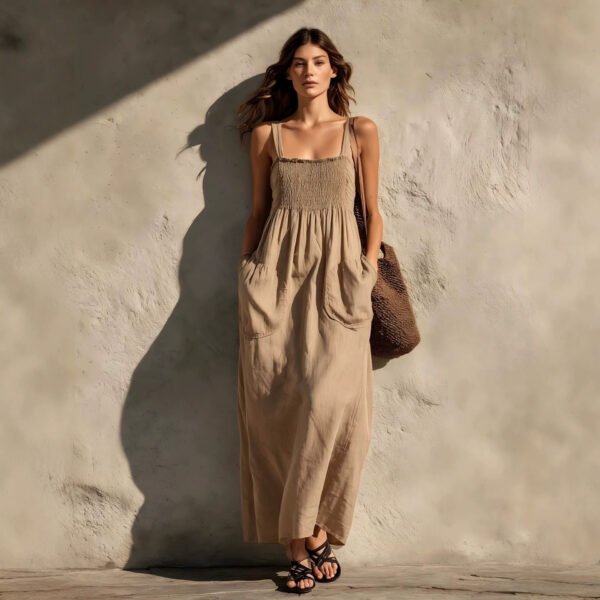 Olive Green Cotton-Linen Strap For Women Loose-Fitting Slimming Long Dress In A Vacation Style