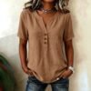 Casual Loose-fit Cotton-linen V-neck Button-up Top