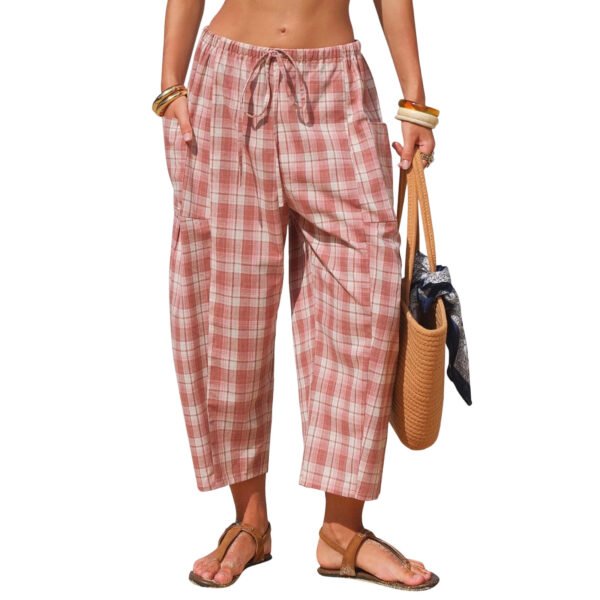 Retro Plaid Drawstring Casual Pants High-Waisted Slimming Straight-Leg Cropped Trousers