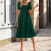 fc991299-28e3-4c7e-8c7f-de45c9efec4a.jpg Womens Square-neck Pleated Short-sleeve Dress With Buttons