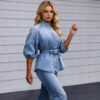 Lace-up Waist-cinching Bell-sleeve Cropped-sleeve Versatile Vintage Denim Shirt