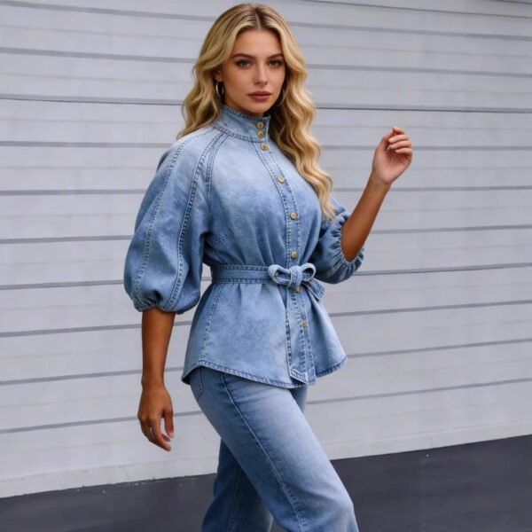Lace-up Waist-cinching Bell-sleeve Cropped-sleeve Versatile Vintage Denim Shirt