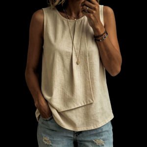 Womens Solid-color Crew-neck Loose-fitting Sleeveless Tank Top