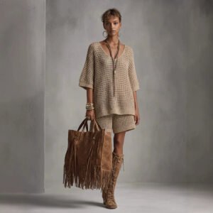 Wool Summer Loose-fit V-neck Short-sleeve Top And High-waisted Shorts Set